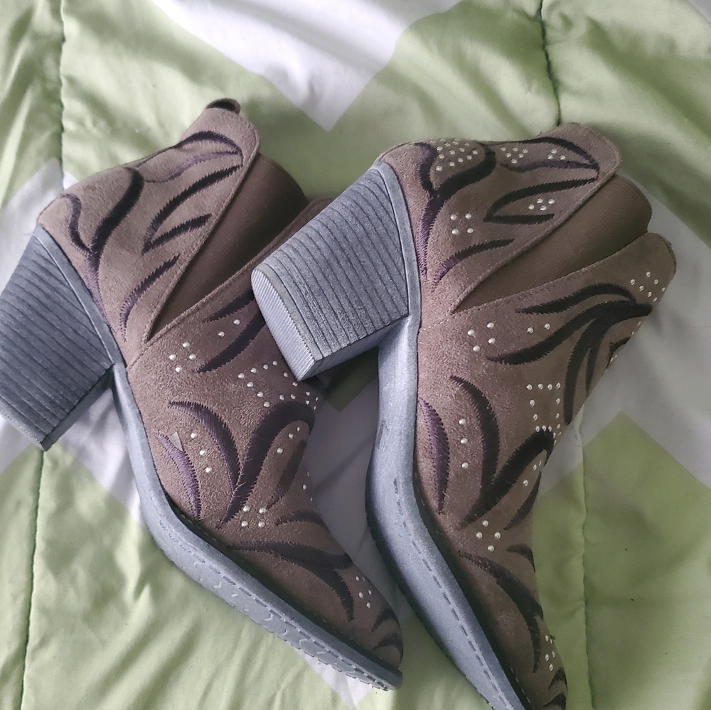 Faux leather booties with rhinestone/embroidery